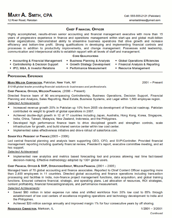 example resume chief financial officer (CFO) resume